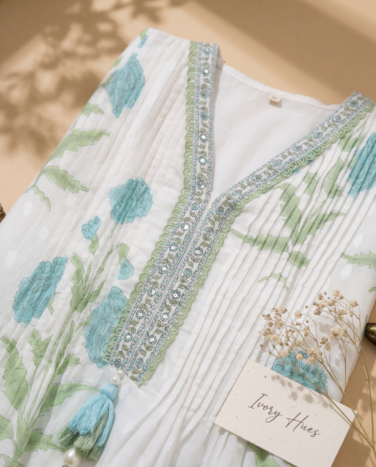 Malhar Geet — white cotton suit with pastel green and blue handblock motifs — Ivory Hues, Indian ethnic wear Singapore