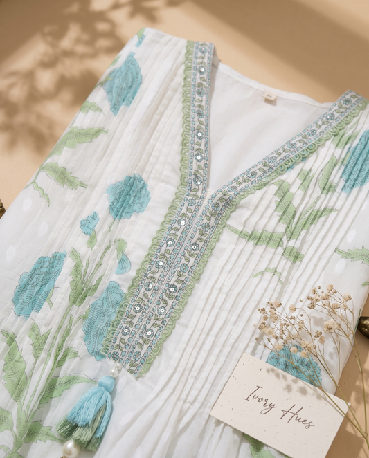 Malhar Geet — white cotton suit with pastel green and blue handblock motifs — Ivory Hues, Indian ethnic wear Singapore