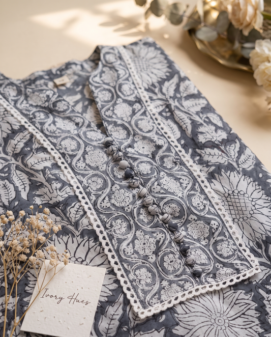 Anokhi Samaah — grey and white cotton suit with floral handblock print — Ivory Hues, Indian ethnic wear Singapore