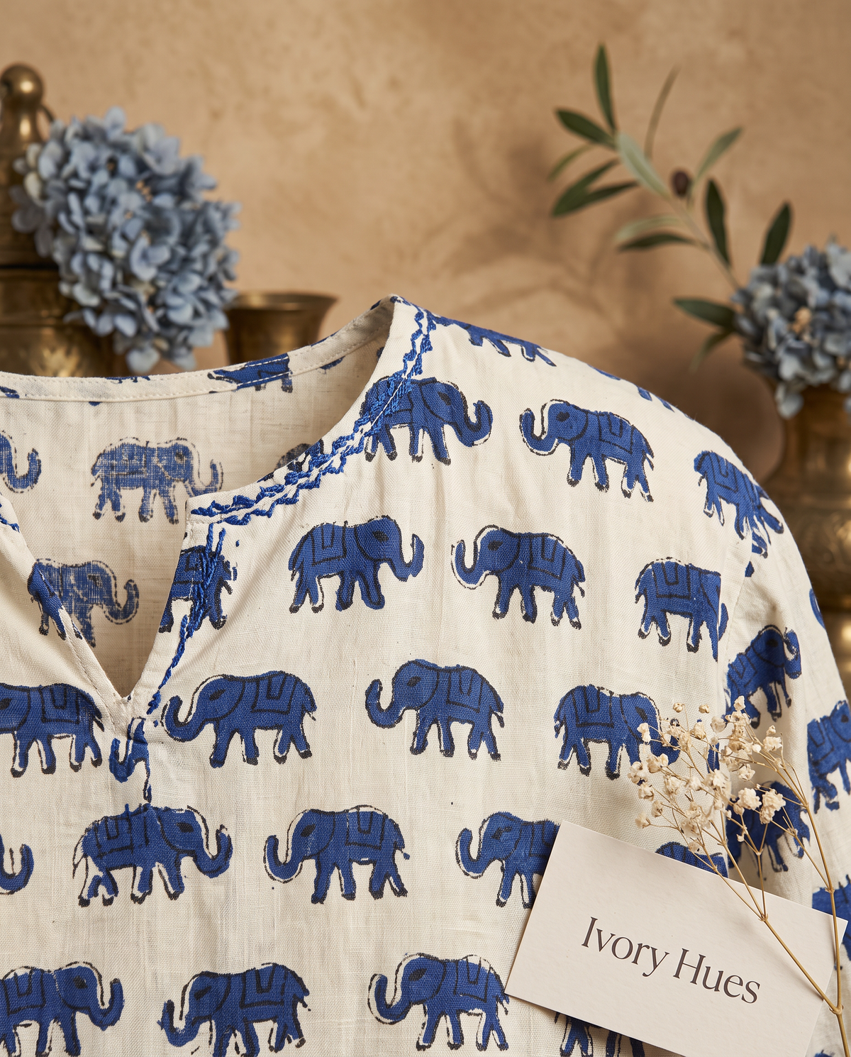 Leher Haathi — white dress with blue elephant handblock print, flared silhouette — Ivory Hues, Indian ethnic wear Singapore