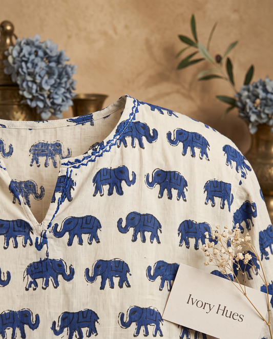 Leher Haathi — white dress with blue elephant handblock print, flared silhouette — Ivory Hues, Indian ethnic wear Singapore