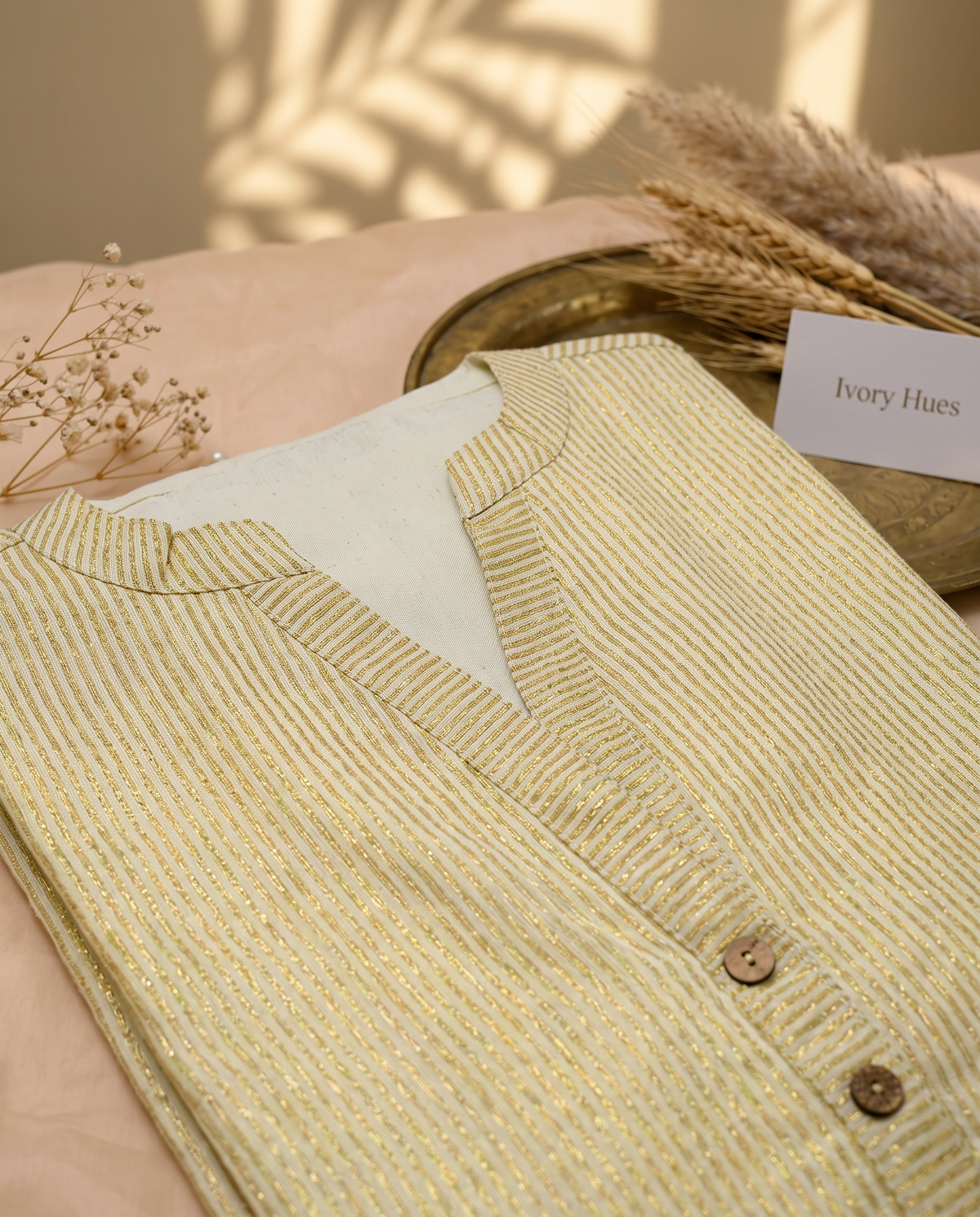 Mandaram — cotton A-line dress with zari lines and gold-bordered sleeves — Ivory Hues, Indian ethnic wear Singapore