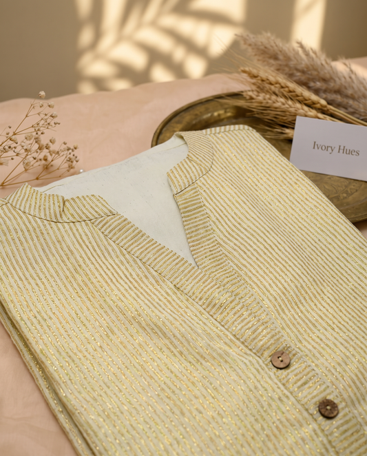 Mandaram — cotton A-line dress with zari lines and gold-bordered sleeves — Ivory Hues, Indian ethnic wear Singapore