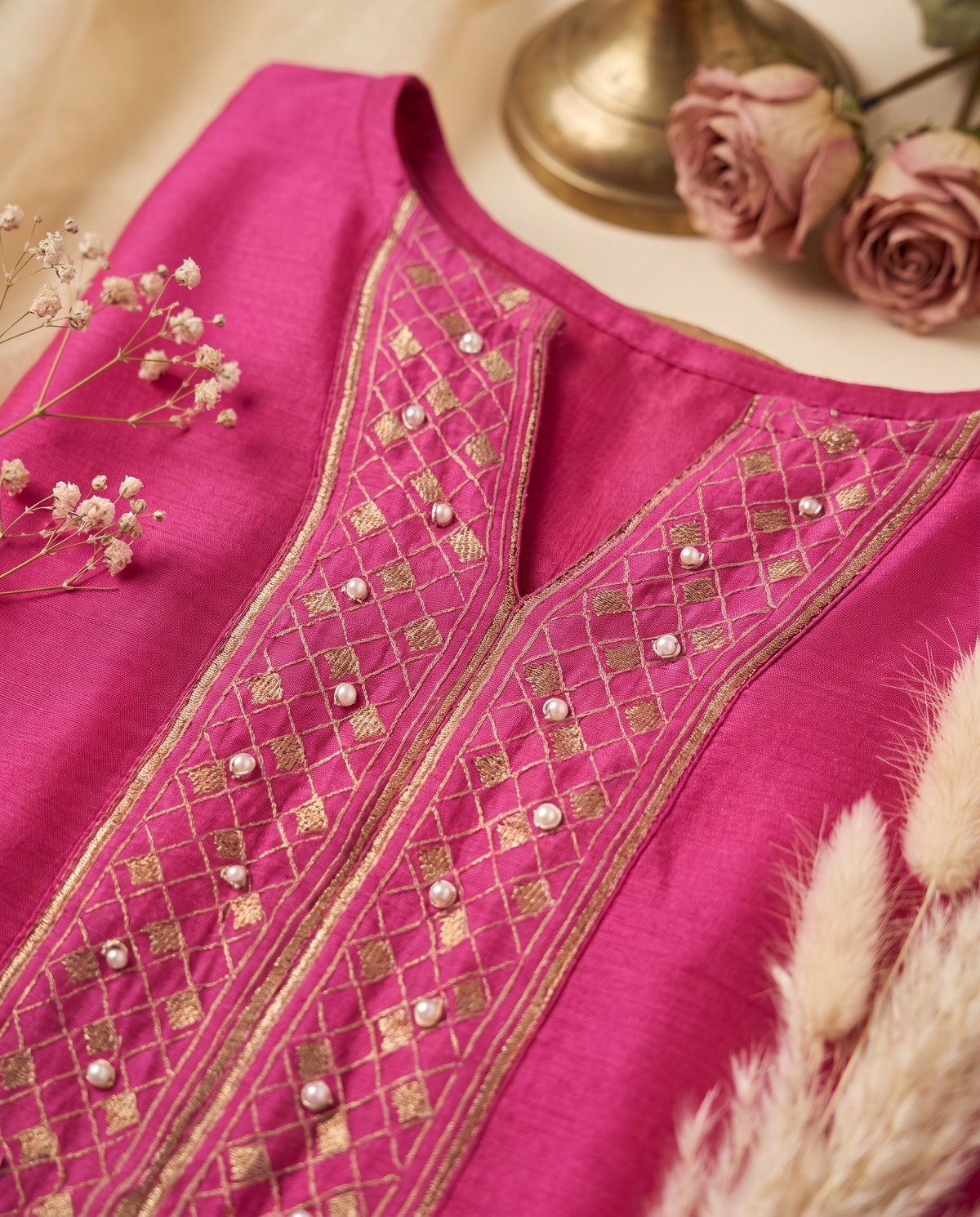 Raaga Mohini — magenta Chanderi suit set with handblock prints — Ivory Hues, Indian ethnic wear Singapore