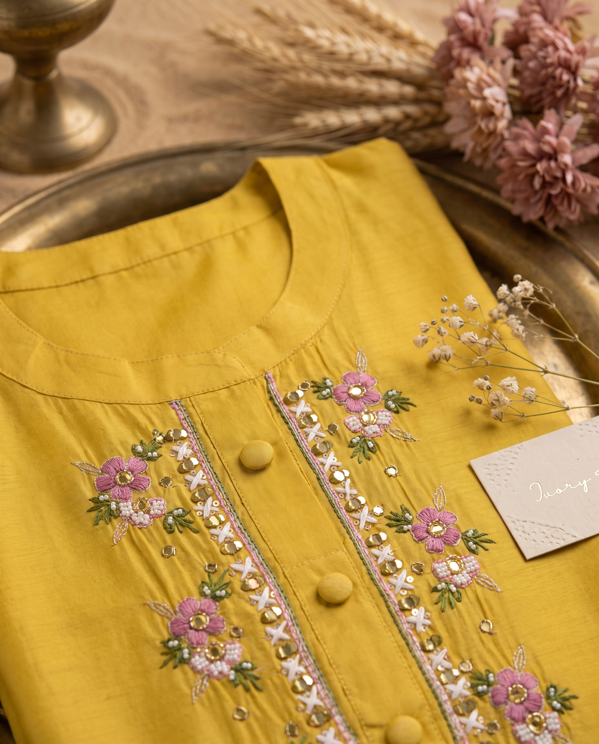 Noor Zariya — mustard yellow suit with magenta brocade shawl and tassels — Ivory Hues, Indian ethnic wear Singapore