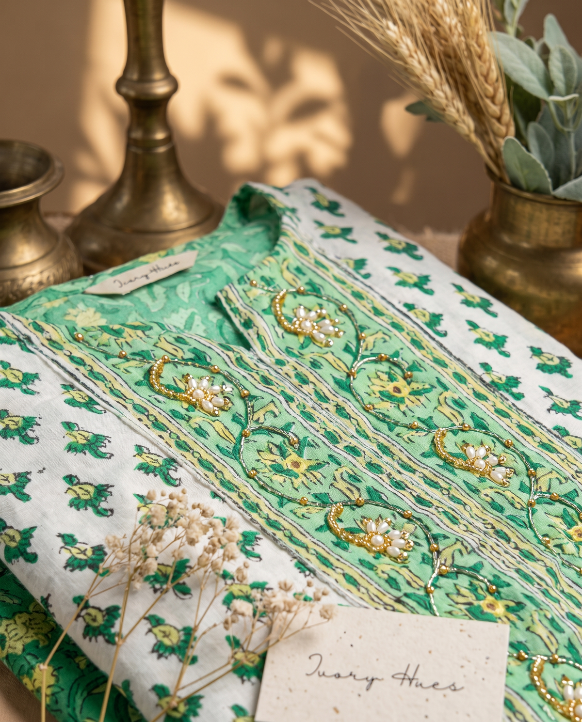 Kota Kainaat Sehr — parrot green Kota doria suit with handblock print — Ivory Hues, Indian ethnic wear Singapore