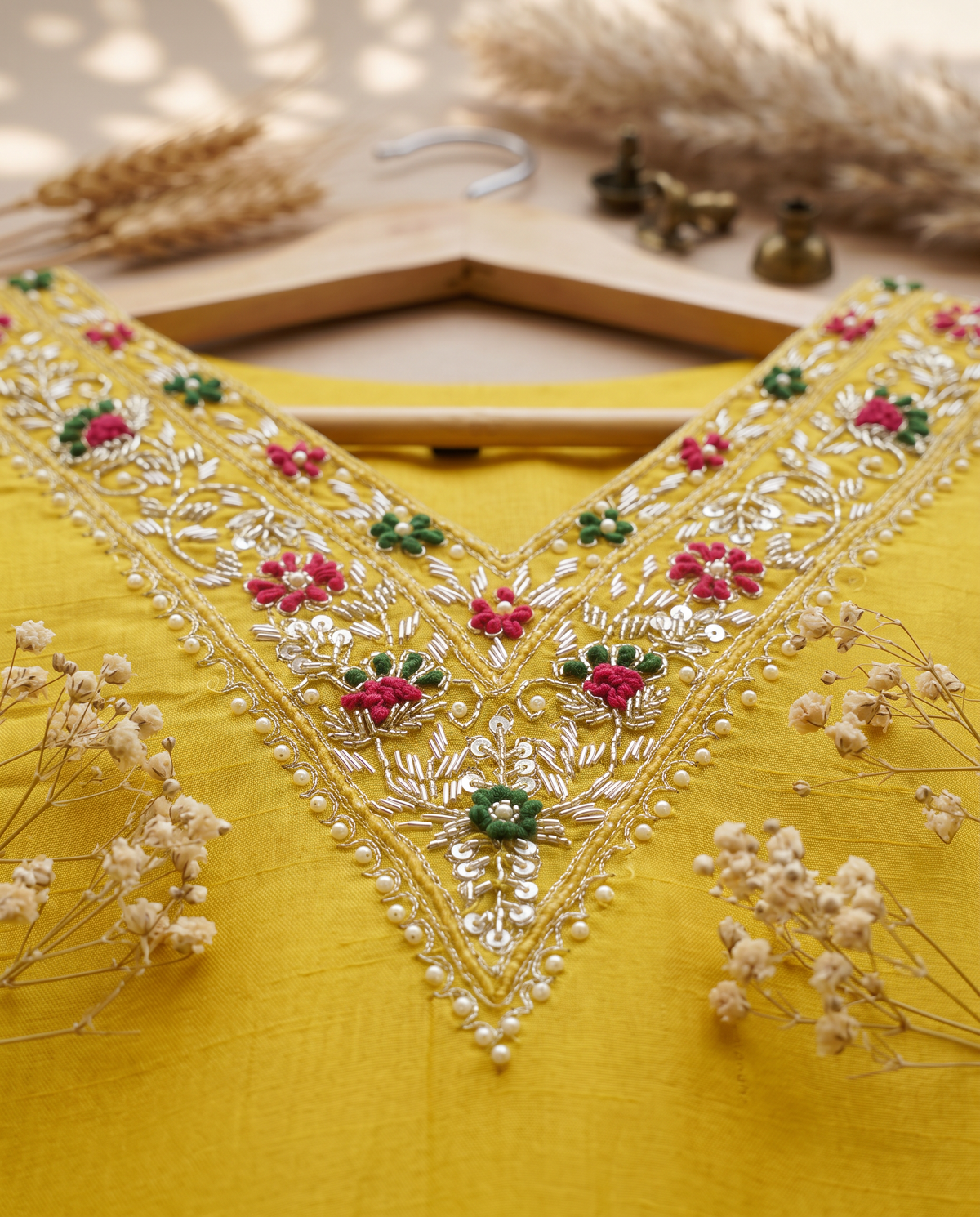Noor Roshni — turmeric yellow shimmer silk suit with embroidered buttas — Ivory Hues, Indian ethnic wear Singapore