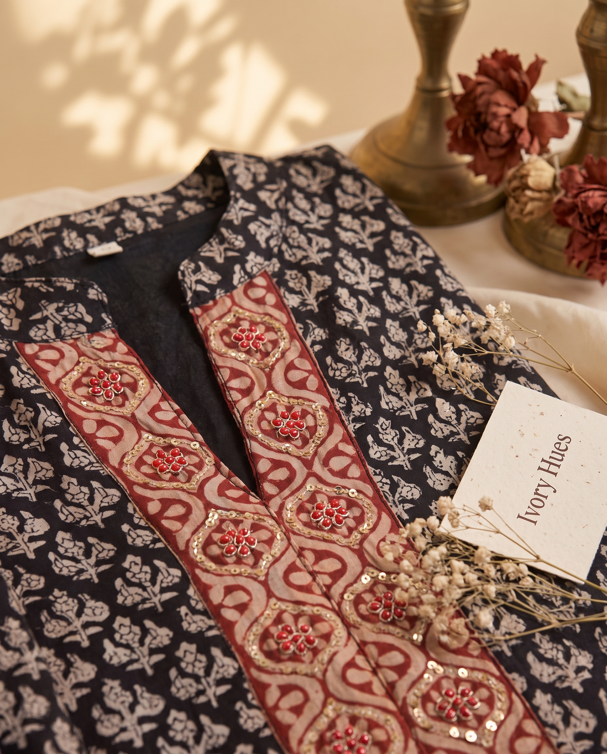 Raaga Bhairavi — red, black and gold Chanderi silk suit with handblock print — Ivory Hues, Indian ethnic wear Singapore
