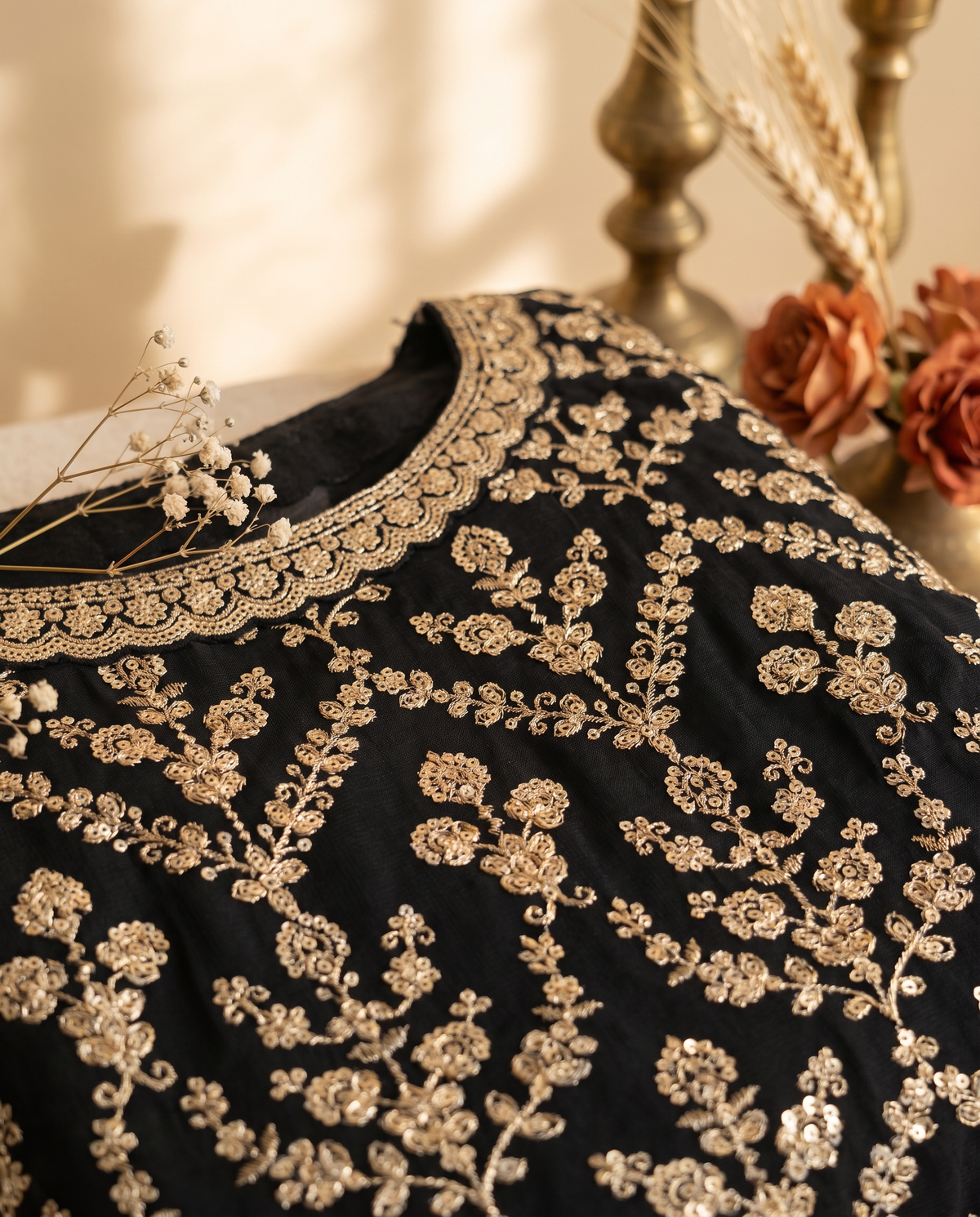 Noor Noir — black sleeveless suit with sharara pants and golden buttas — Ivory Hues, Indian ethnic wear Singapore