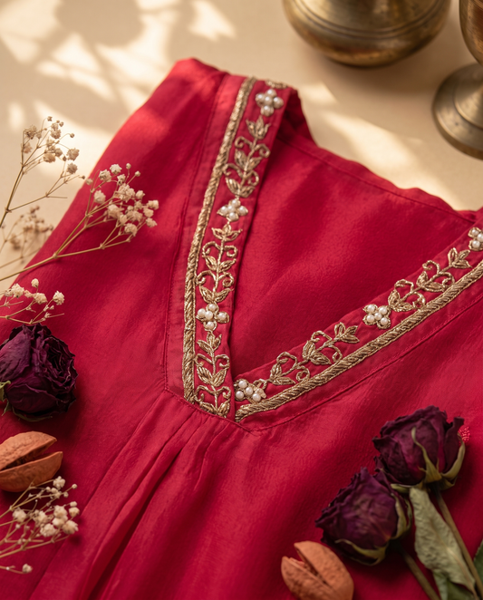 Noor Sindoor — rani pink chinnon suit with embroidered V-neckline — Ivory Hues, Indian ethnic wear Singapore