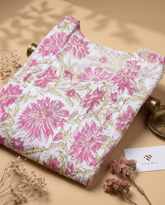 Kota Kainaat Leher — white cotton suit with pink handblock print and Kota doria dupatta — Ivory Hues, Indian ethnic wear Singapore