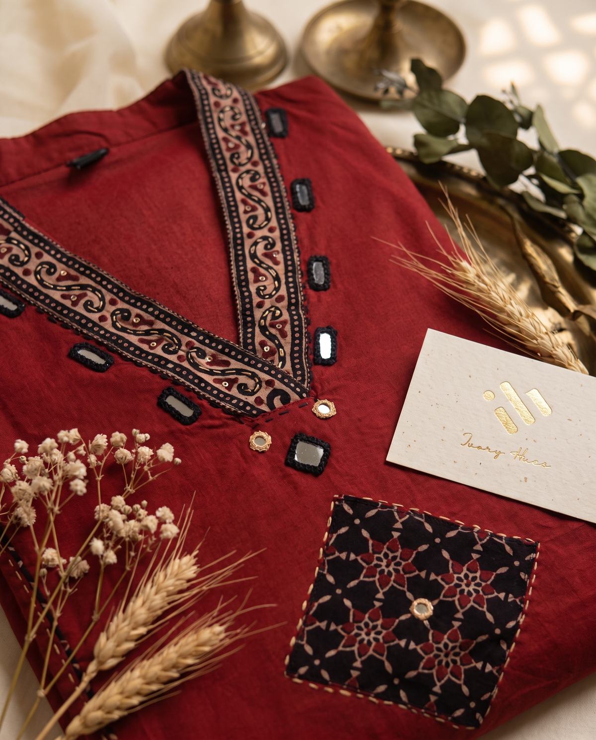 Anokhi Lata — red and black cotton suit with applique and mirror embellishment — Ivory Hues, Indian ethnic wear Singapore