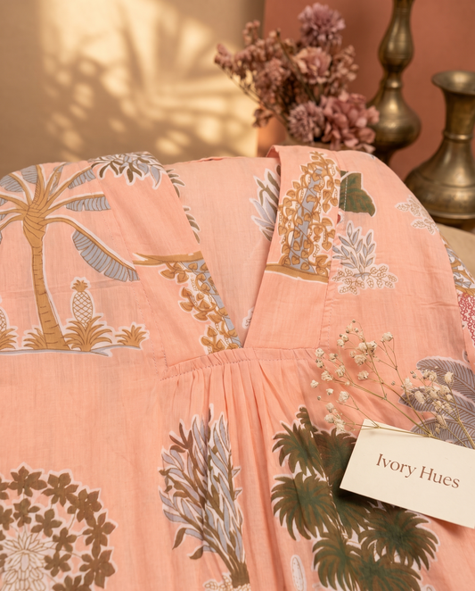 Fiza 2.0 Peach — peach breathable cotton dress, relaxed silhouette — Ivory Hues, Indian ethnic wear Singapore