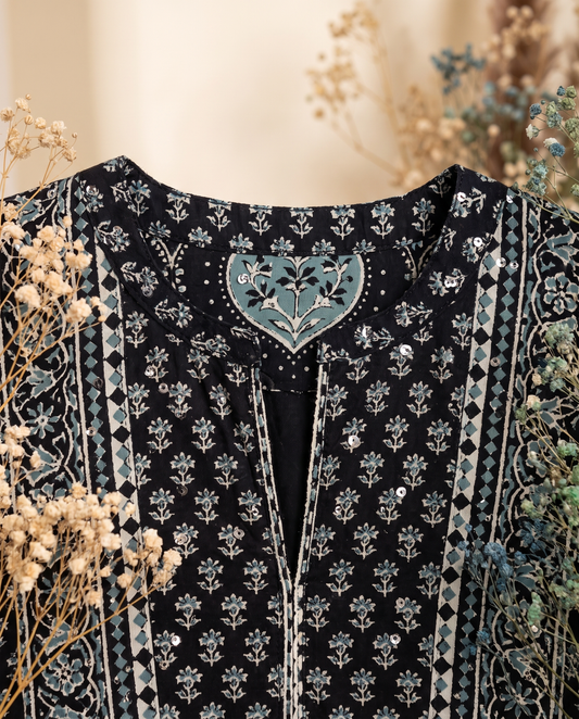 Sunehri Jashn — black and blue Sanganeri-print co-ord set — Ivory Hues, Indian ethnic wear Singapore