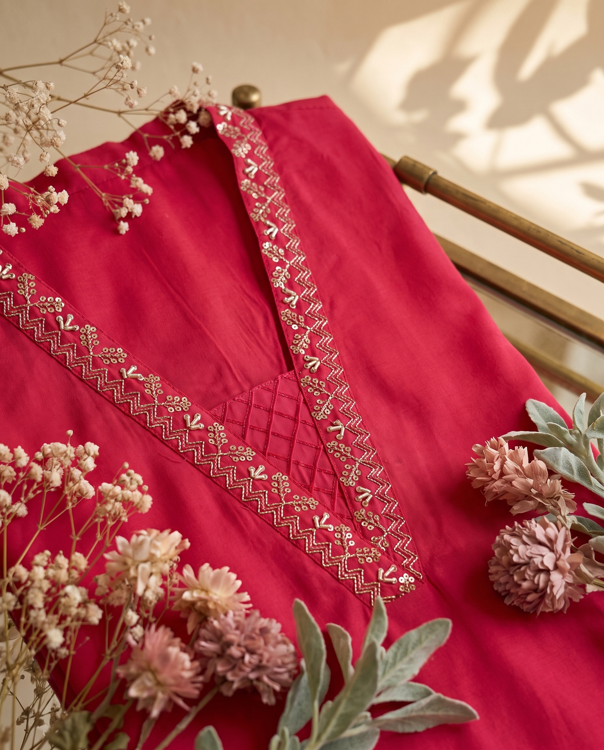 Noor Sham (Red/Pink) — red and pink suit with embroidered neckline and brocade shawl — Ivory Hues, Indian ethnic wear Singapore