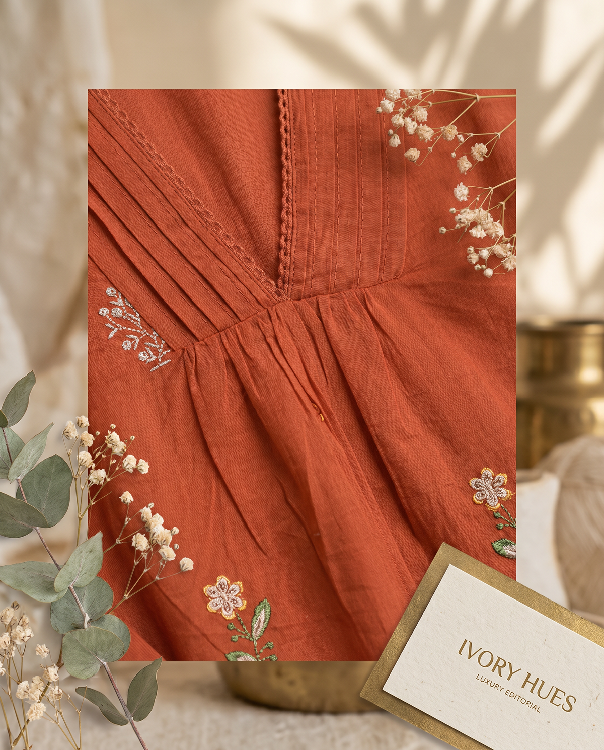 Anokhi Vasundhara — three-piece rust cotton suit with embroidery and lace detailing — Ivory Hues, Indian ethnic wear Singapore