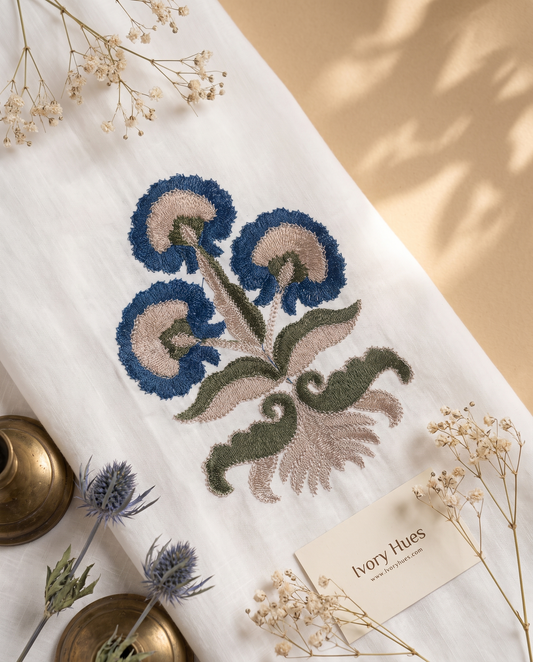 Meher Sitara — white cotton co-ord set with pintuck pleats and flower-shaped buttons — Ivory Hues, Indian ethnic wear Singapore