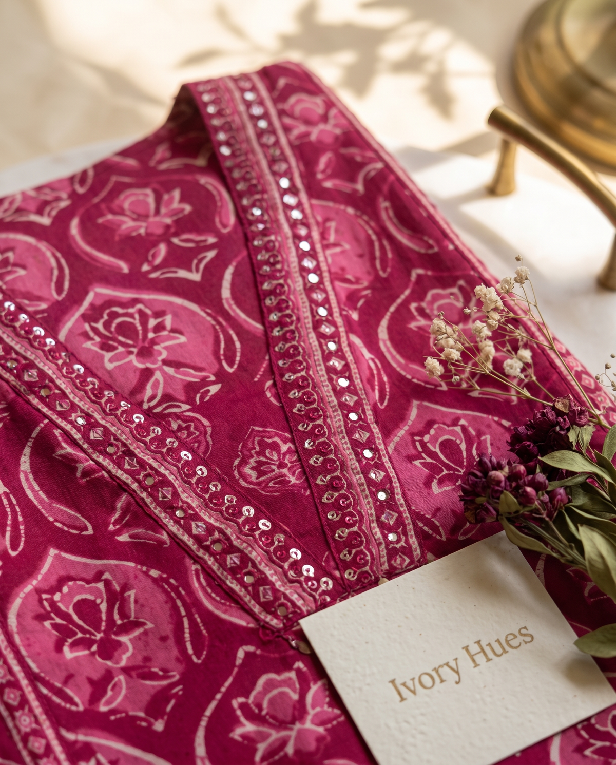 Anokhi Saaz — magenta suit with handblock-printed panels and V-neckline — Ivory Hues, Indian ethnic wear Singapore