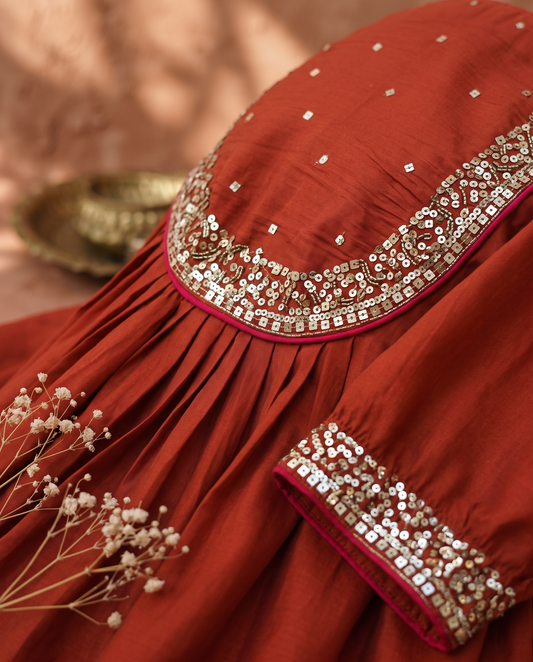 Noor Jwala — deep rust mul Chanderi suit with sequin-edged dupatta — Ivory Hues, Indian ethnic wear Singapore