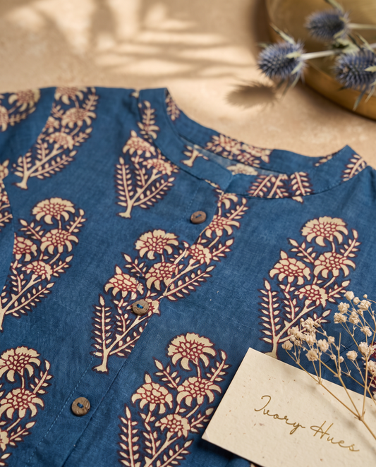 Gulmarg Neela — ink blue kurti with Mughal motif handblock print — Ivory Hues, Indian ethnic wear Singapore