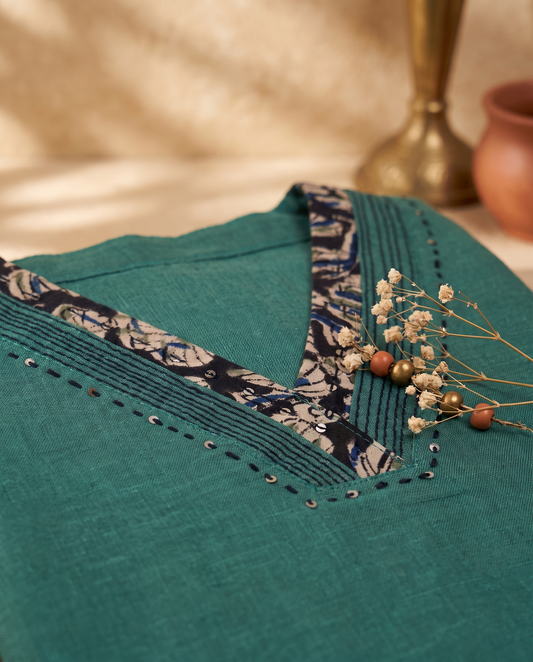 Anokhi Prakriti — sea-green cotton suit with Kalamkari pants and dupatta — Ivory Hues, Indian ethnic wear Singapore