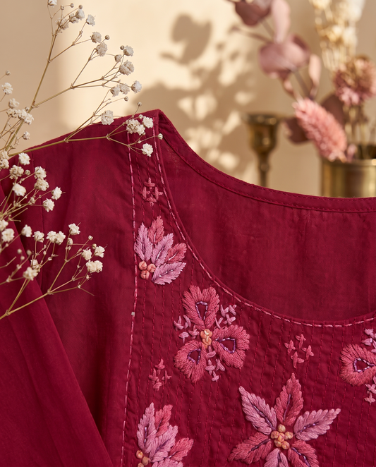 Anokhi Komal — strawberry pink Chanderi suit with angrakha-style threadwork — Ivory Hues, Indian ethnic wear Singapore