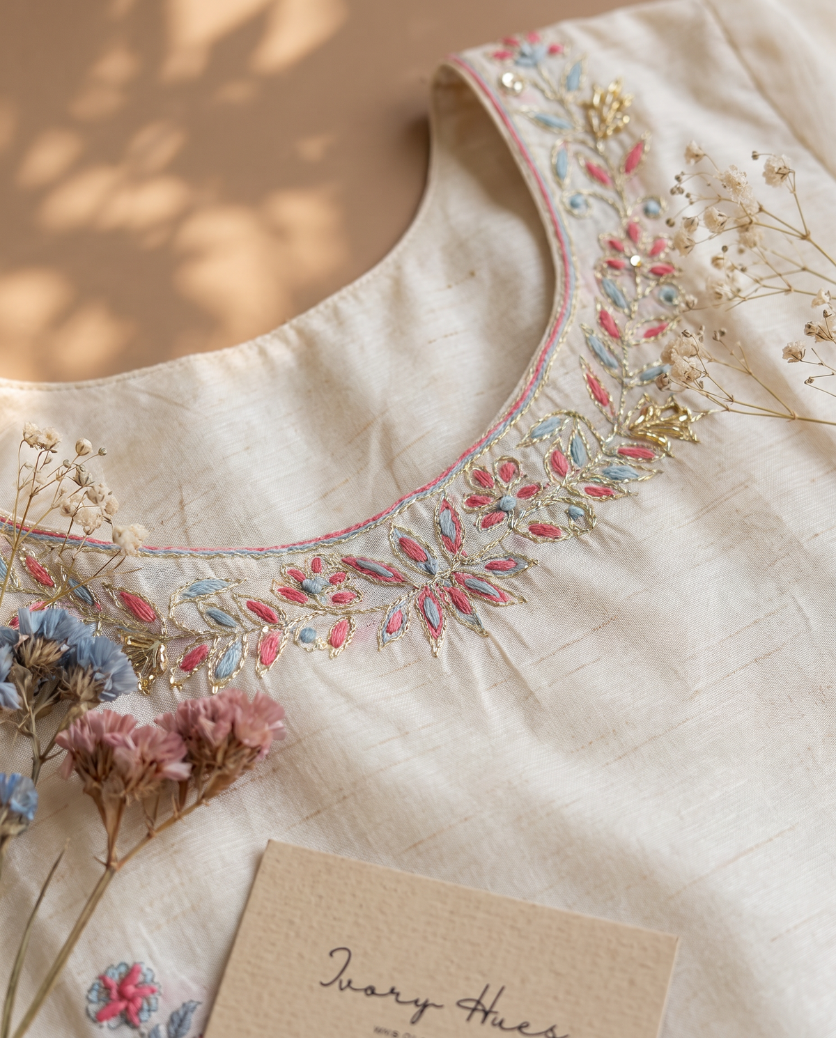 Leela Aabha — ivory semi-Tussar suit with handblock print and embroidery — Ivory Hues, Indian ethnic wear Singapore