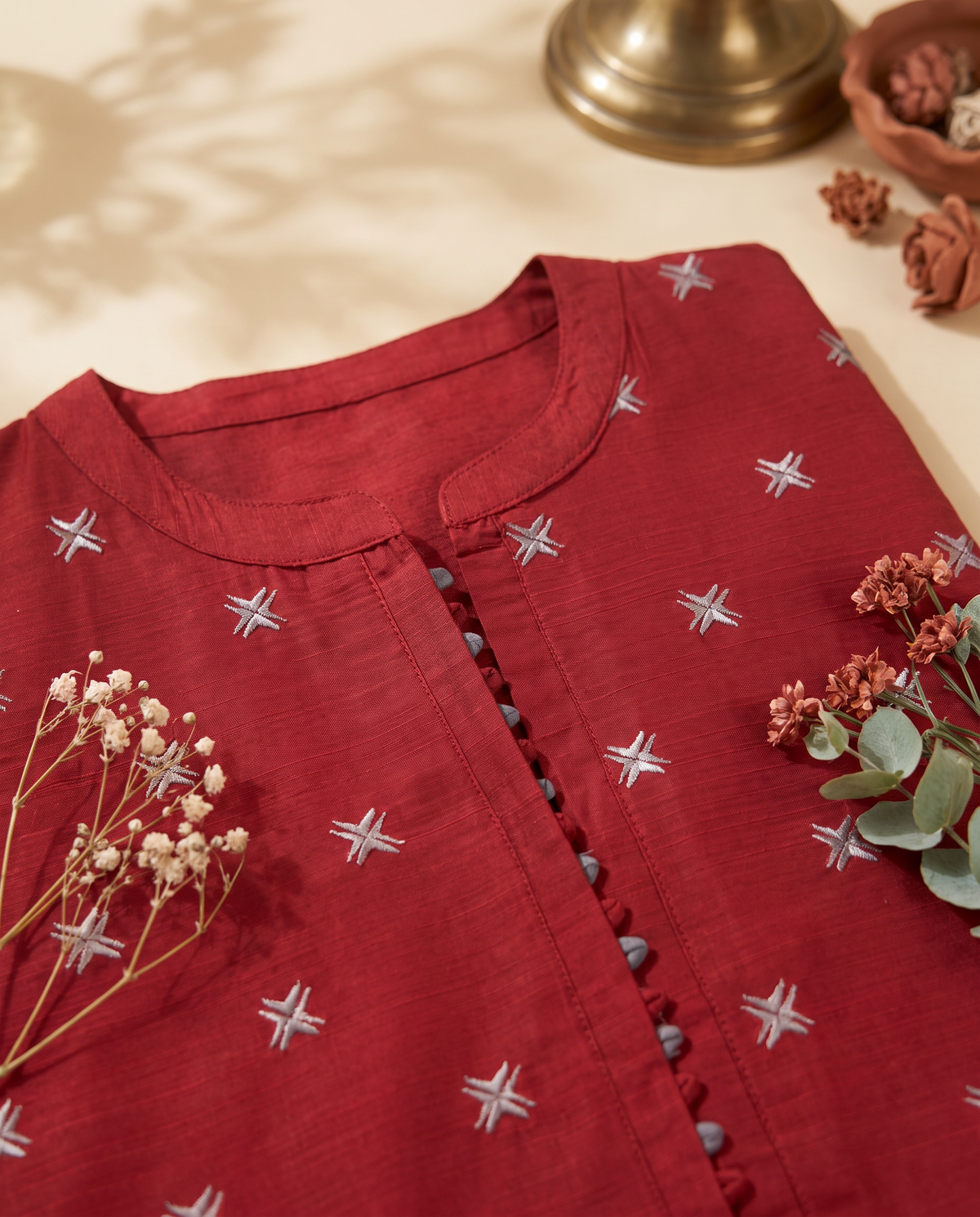 Noor Anaya — red-maroon raw silk co-ord set, embroidered all over — Ivory Hues, Indian ethnic wear Singapore