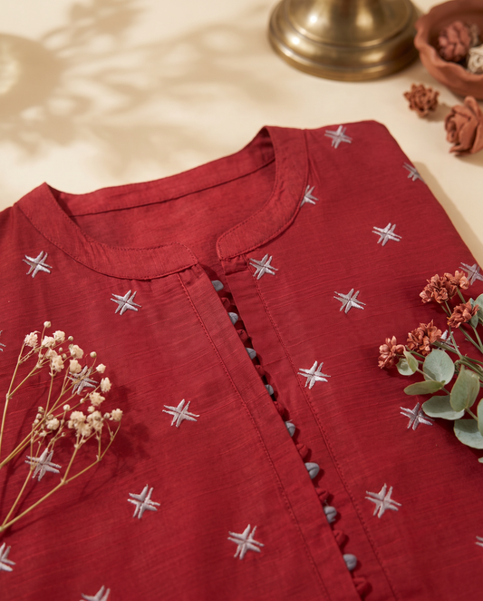 Noor Anaya — red-maroon raw silk co-ord set, embroidered all over — Ivory Hues, Indian ethnic wear Singapore