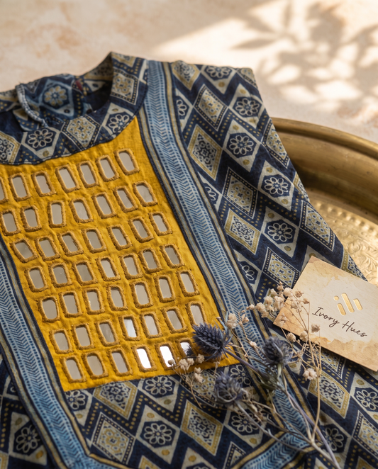 Gulmarg Tana — mustard yellow and navy blue kurti with mirror-work panel — Ivory Hues, Indian ethnic wear Singapore