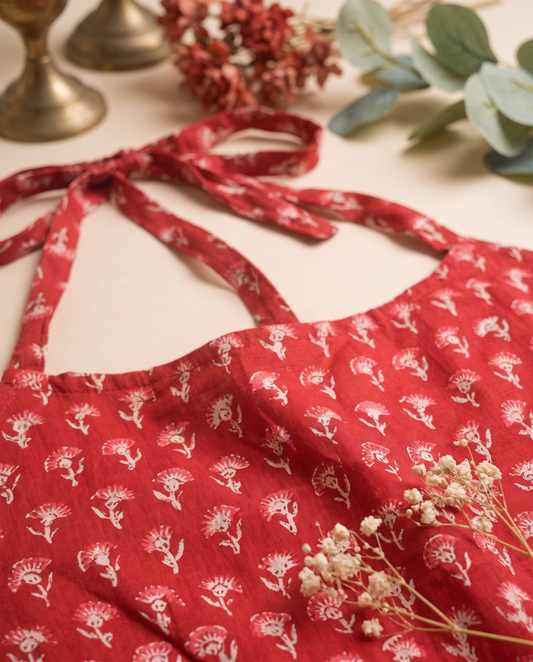 Leher Aira — ruby red dress with floral hand block print and pom-pom hem — Ivory Hues, Indian ethnic wear Singapore
