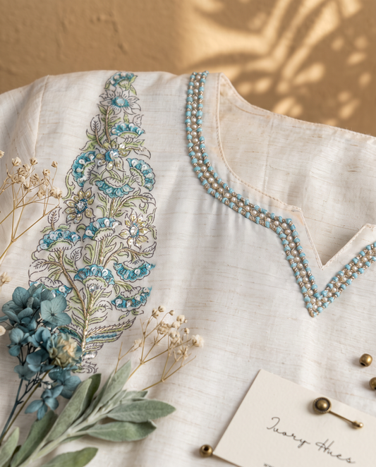 Leela Suhani — ivory semi-Tussar suit with blue Mughal print — Ivory Hues, Indian ethnic wear Singapore