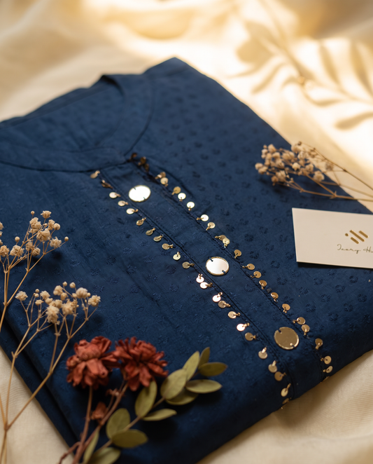 Meher Amara — navy blue viscose co-ord set with Afghani-style pants — Ivory Hues, Indian ethnic wear Singapore