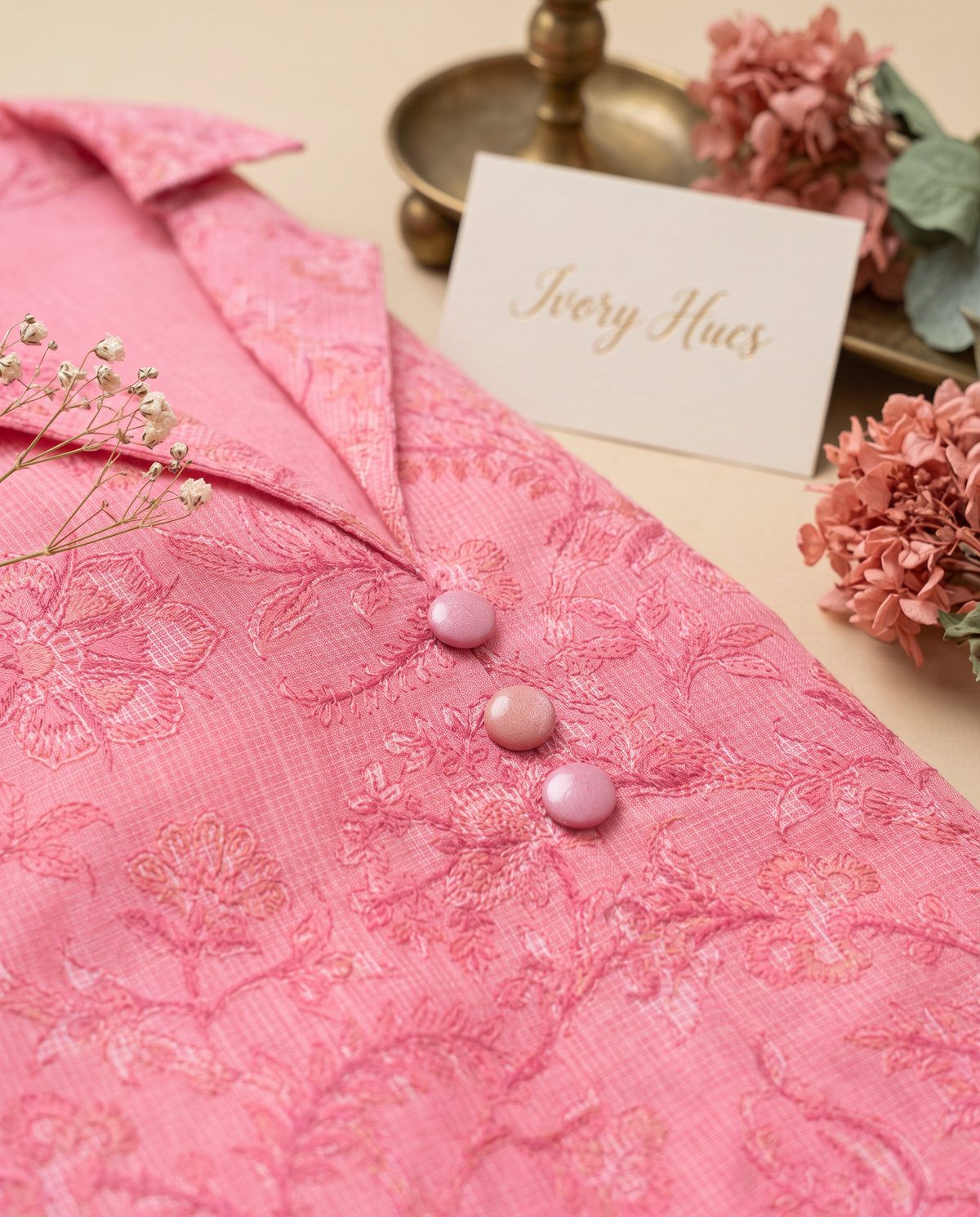 Kota Kainaat Sur — French rose Kota fabric suit with handblock prints — Ivory Hues, Indian ethnic wear Singapore