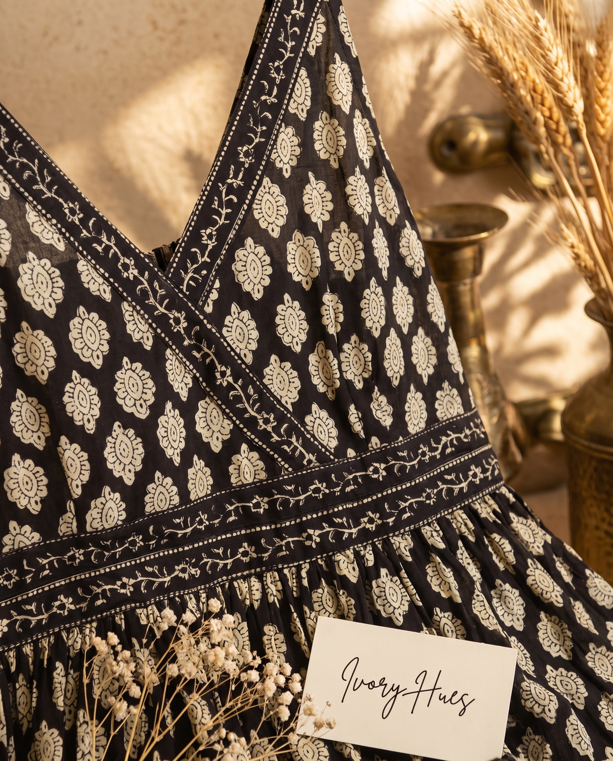 Leher Ayat (Black) — black and beige handblock-print dress, empire-line silhouette — Ivory Hues, Indian ethnic wear Singapore
