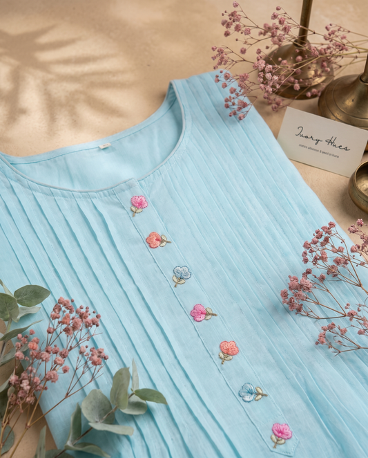 Anokhi Ehsaas — pastel blue suit with floral embroidery and lace detailing — Ivory Hues, Indian ethnic wear Singapore