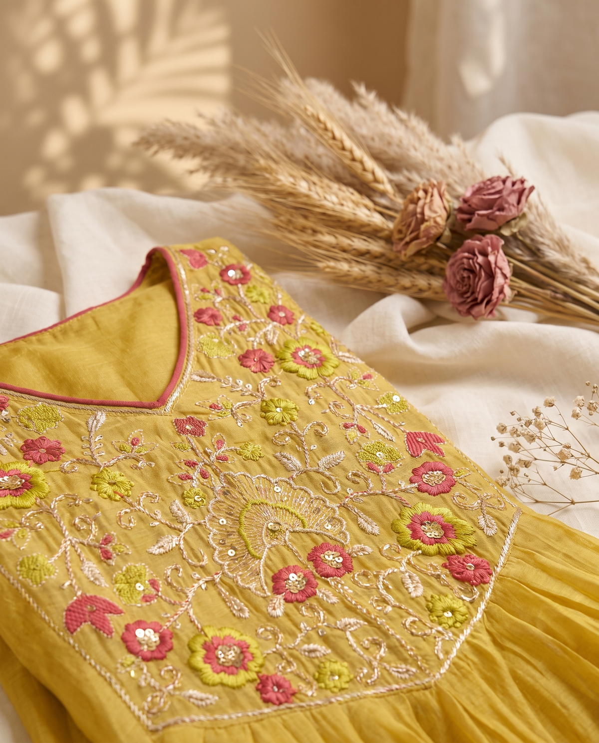 Noor Zahra — mustard mul Chanderi suit with embroidered neckline and zari dupatta — Ivory Hues, Indian ethnic wear Singapore