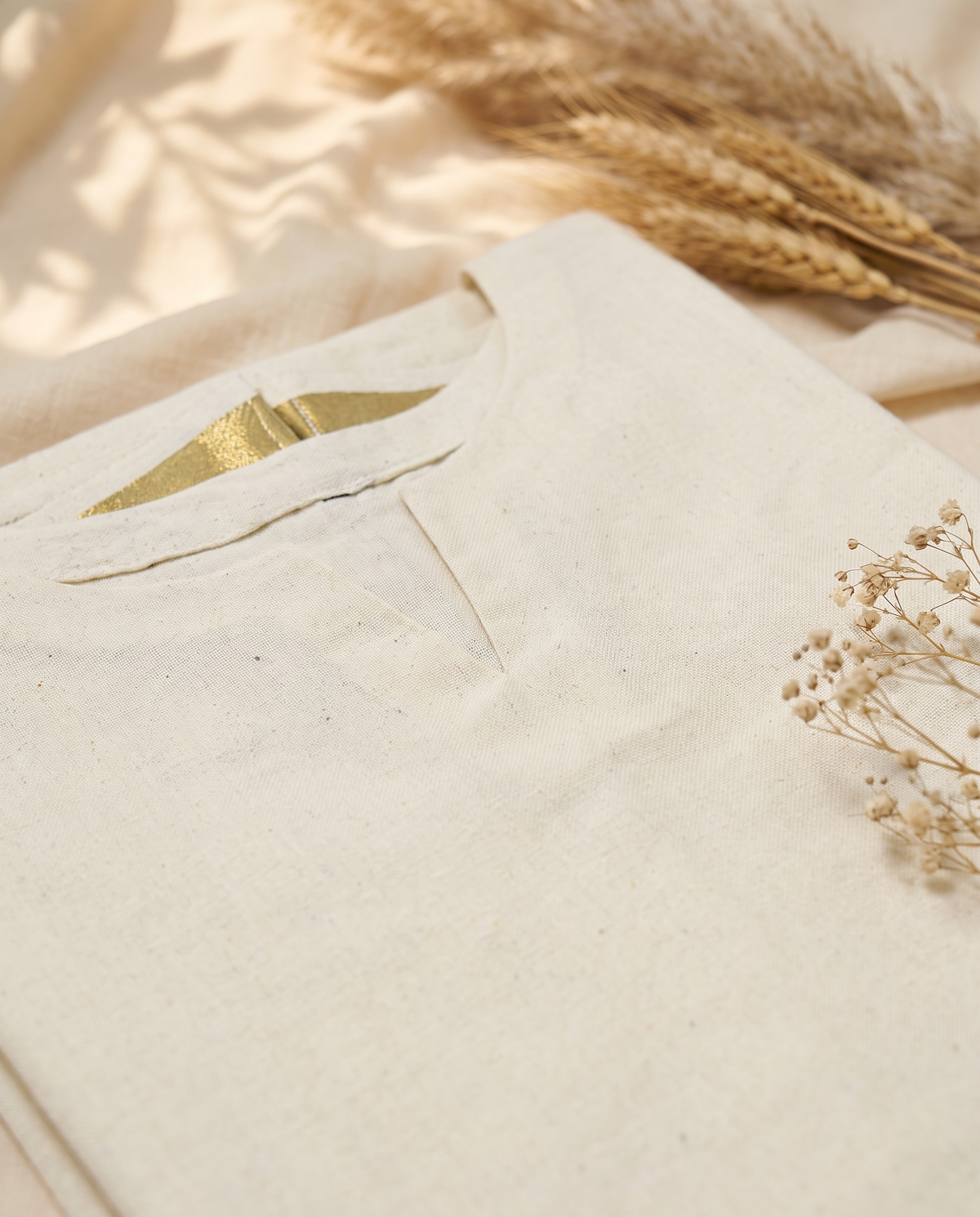 Thulasi — cotton dress with golden kasavu border hem — Ivory Hues, Indian ethnic wear Singapore