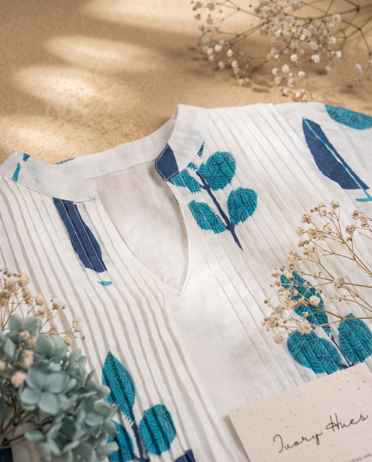 Meher Baadal — white cotton co-ord set with blue Mughal-inspired print — Ivory Hues, Indian ethnic wear Singapore
