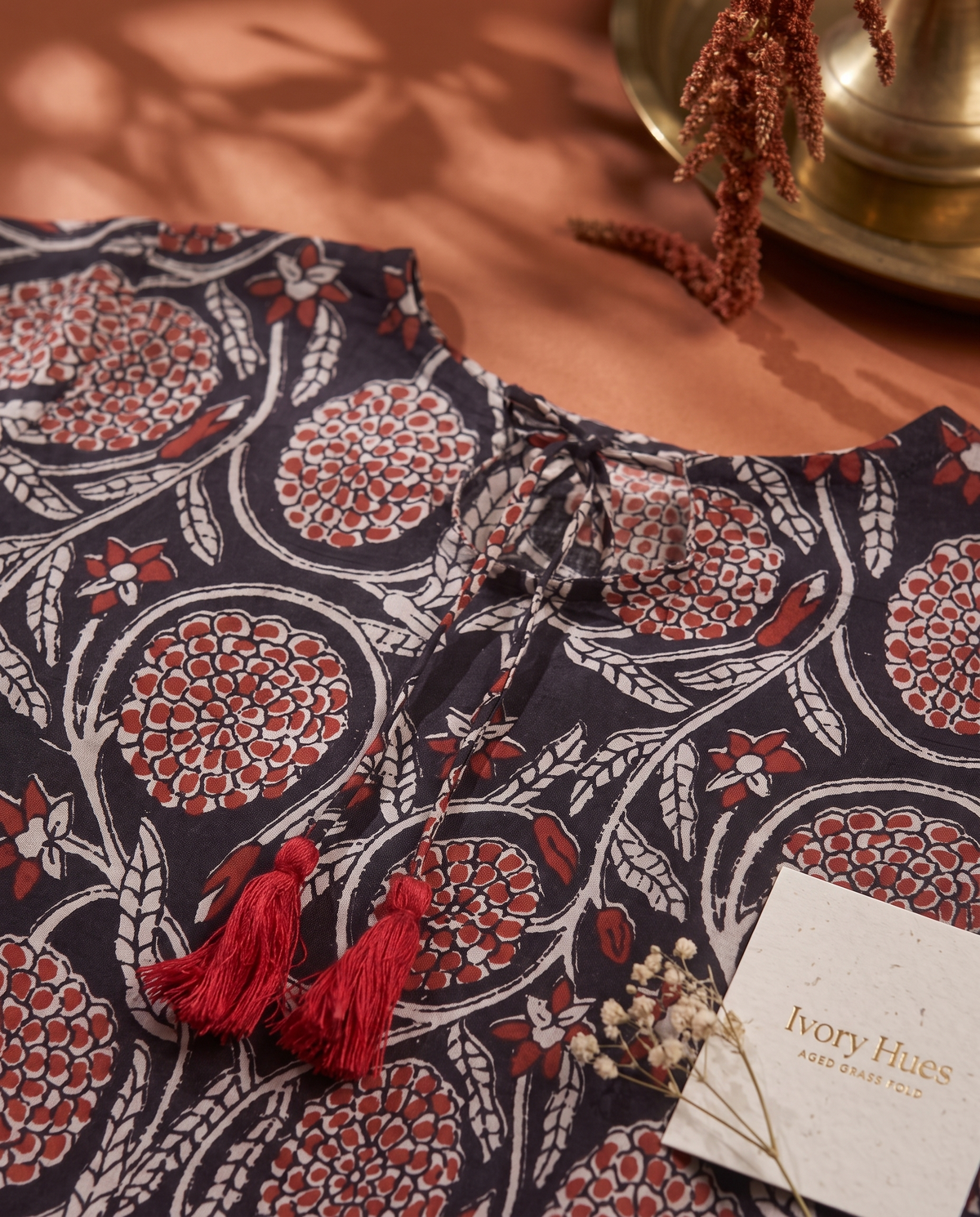Indira Saira — cotton peplum top with black and red floral handblock print — Ivory Hues, Indian ethnic wear Singapore