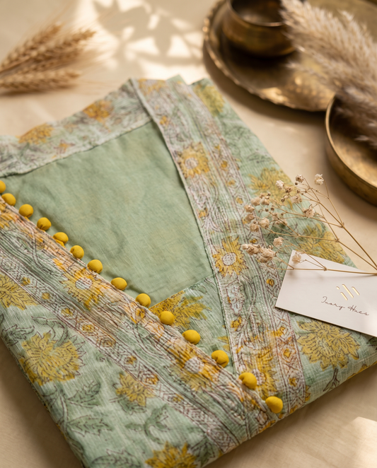 Kota Kainaat Hoor — mint green Kota doria suit with contrast potli buttons — Ivory Hues, Indian ethnic wear Singapore
