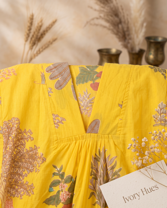 Fiza 2.0 Sunflower Yellow — yellow breathable cotton dress, relaxed silhouette — Ivory Hues, Indian ethnic wear Singapore