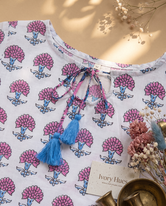 Indira Bahaar — white cotton peplum top with pink floral print — Ivory Hues, Indian ethnic wear Singapore