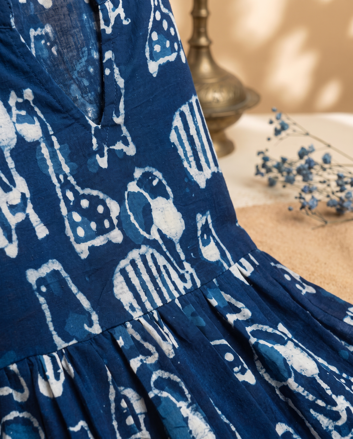 Indigo Breeze Dress — indigo dress with animal print and flared silhouette — Ivory Hues, Indian ethnic wear Singapore