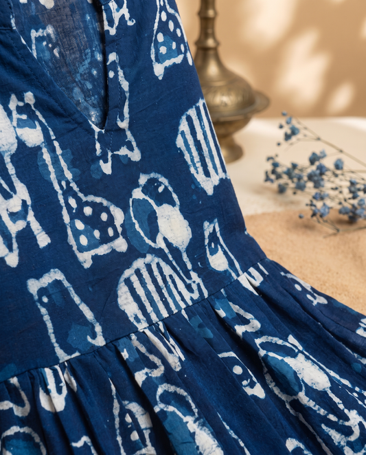 Indigo Breeze Dress — indigo dress with animal print and flared silhouette — Ivory Hues, Indian ethnic wear Singapore