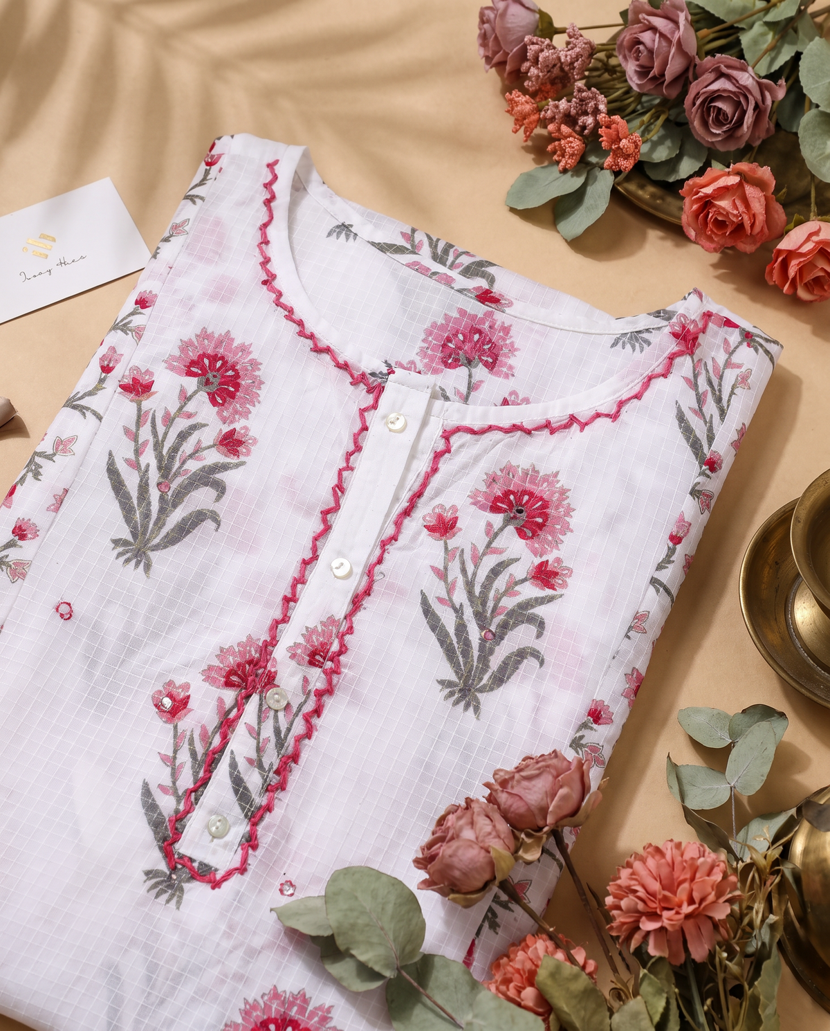 Malhar Roohi — cotton suit with pink floral print and palazzo pants — Ivory Hues, Indian ethnic wear Singapore