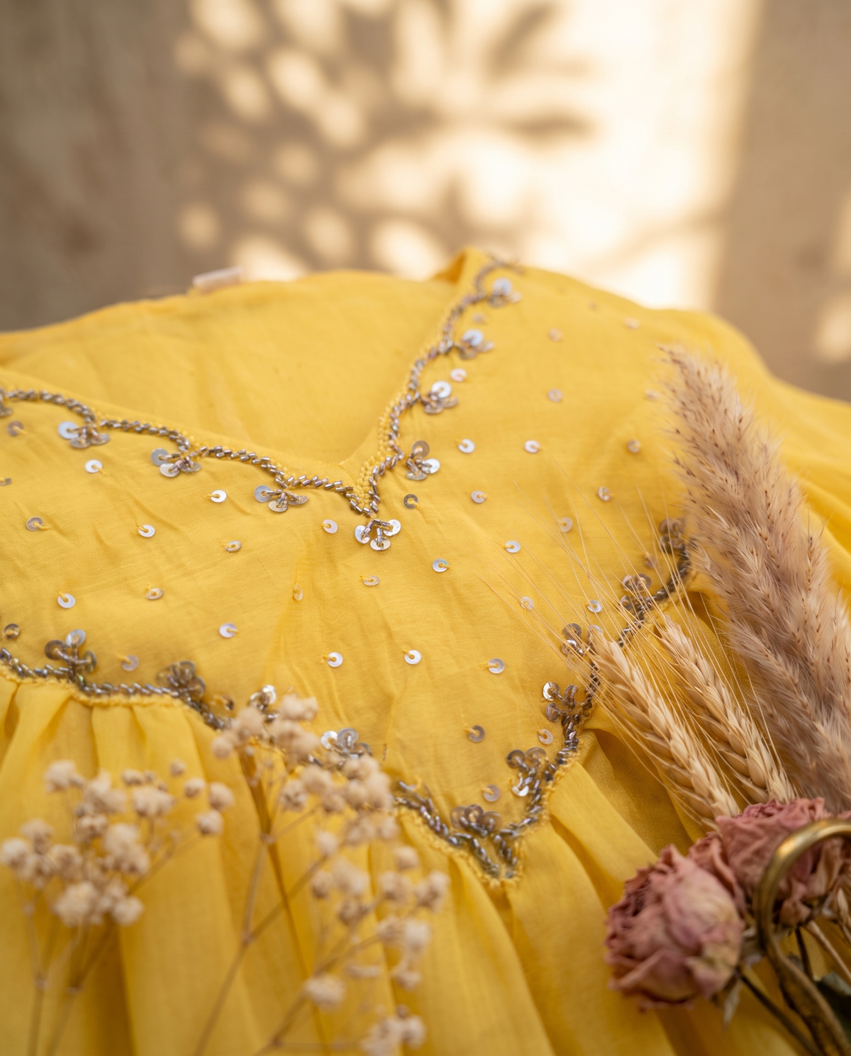 Noor Zoya — yellow mul Chanderi suit with embroidered neckline — Ivory Hues, Indian ethnic wear Singapore