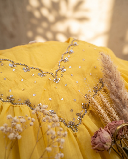 Noor Zoya — yellow mul Chanderi suit with embroidered neckline — Ivory Hues, Indian ethnic wear Singapore