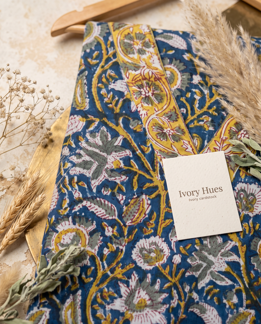 Anokhi Nandini — blue and yellow suit set with handblock prints — Ivory Hues, Indian ethnic wear Singapore