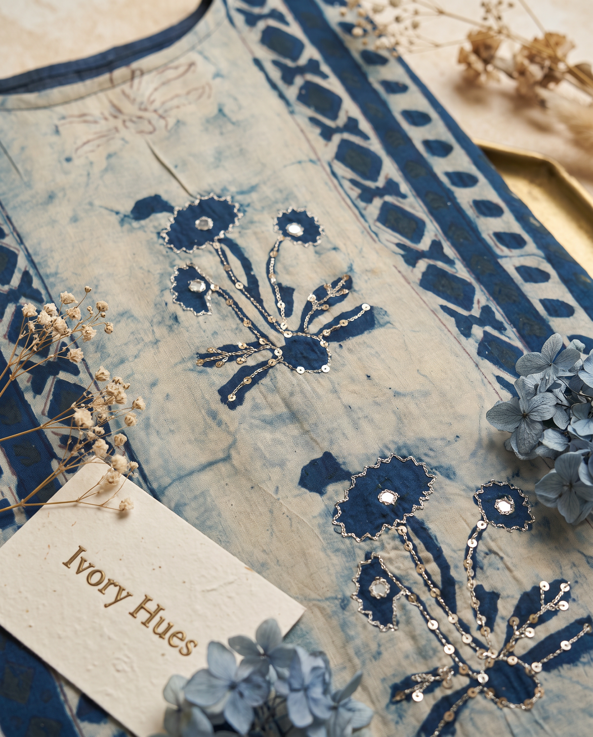 Kaftan Sukoon 02 — indigo blue kaftan co-ord set with floral block prints — Ivory Hues, Indian ethnic wear Singapore